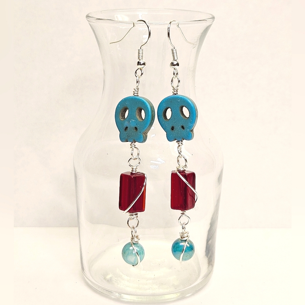Red and Turquoise Beaded Skull Earrings - Picture 2 of 6
